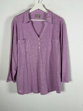 Chico's Womens Purple Slub Knit Henley Tunic Top 3/4 Sleeve Pockets 4, XXL NWOT